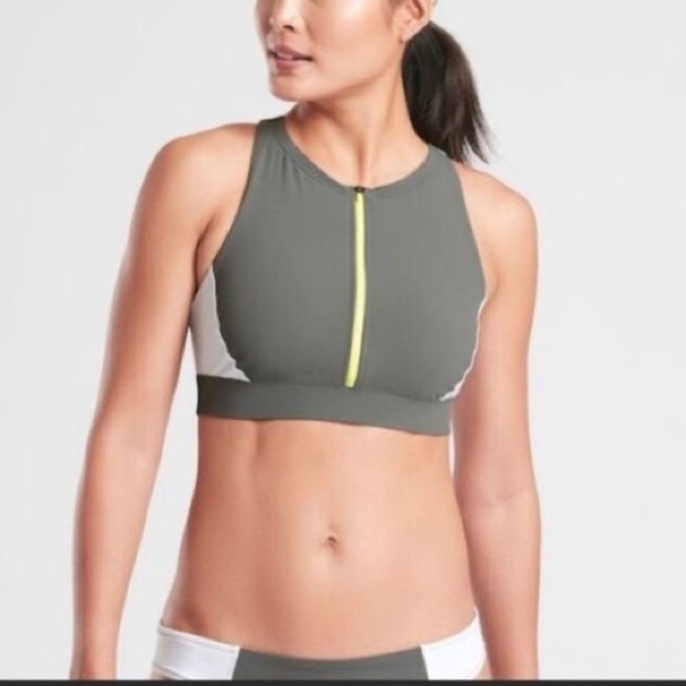 Athleta Colorblock Zip Front Bikini Top Swim Herb Olive Green & White